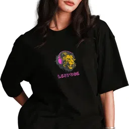 leotude Women Printed Round Neck Cotton Blend Black T-Shirt image 3