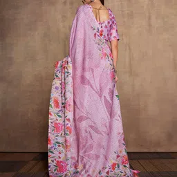 Mitera Pink & Green Floral Printed Sequinned Pure Silk Saree image 4