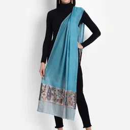 Zamour Women Turquoise Blue & White Woven Design Stole image 5