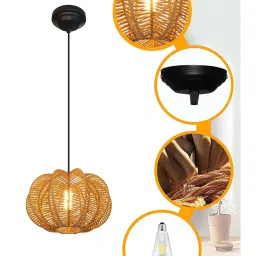 homesake Rattan Seagrass Raffia Kauna Wicker Lamp, Handwoven Pendant, Beige, Round Melon Shape image 5