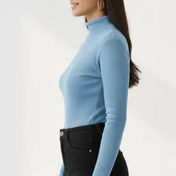 sr collections ts Casual Regular Sleeves Self Design Women Light Blue Top image 2
