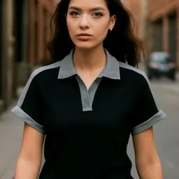 ytrick Women Colorblock, Solid Polo Neck Cotton Blend Black T-Shirt-picture-27