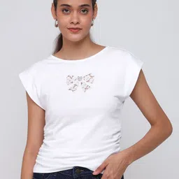COVER STORY Women Self Design Boat Neck Slim Fit T-shirt-picture-21