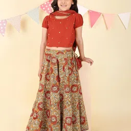 Fabindia Girls Printed Ready to Wear Cotton Lehenga & Embroidered Blouse With Dupatta-picture-42