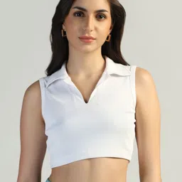 FLY STITCH Women Shirt Collar Ribbed Crop Top-picture-11