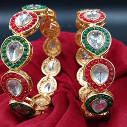 T4 JEWELS Gold Plated Set of 2 Multi Colour Kundan Studded Bangles-picture-42