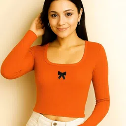 Orange Square Neck Solid Crop Top with Long Sleeves-image-80