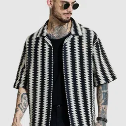 Snitch Men Relaxed Oversized Fit Cuban Collar Chevron Printed Cotton Casual Shirt-picture-18