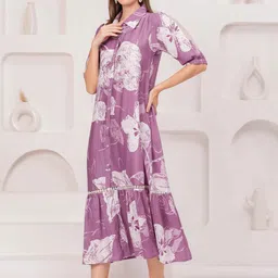 JC4U Women Floral Printed Tiered Shirt Midi Dress image 5