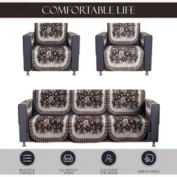 Aura Brown & White 16 Pieces Printed 5 Seater Anti-Skid Sofa Cover With Arm Cover image 4