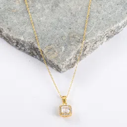 SRIYA Silver Gold-Plated Cubic Zirconia Studded Square Shaped Pendant With Chain-image-0