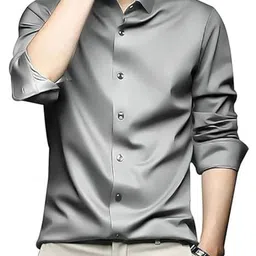 Deelmo Men Solid Spread Collar Satin Formal Shirt-image-3