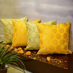 RoyalDeco Yellow & Beige 4 Pieces Ethnic Motifs Brocade Square Cushion Covers-image-48