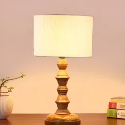 Devansh Off White Drum Shaped Wooden Table Lamp image 4