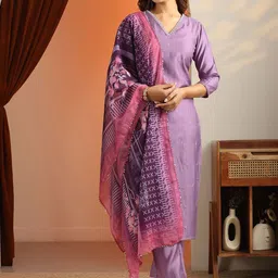 Libas Floral Embroidered Thread Work V- Neck Kurta With Trousers & Dupatta-picture-28