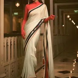 Moda Rapido Cream Printed Satin Ikat Sarees-picture-32