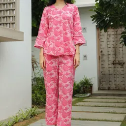 JISORA Pink Floral Printed V-Neck Pure Cotton Top With Trousers-picture-29