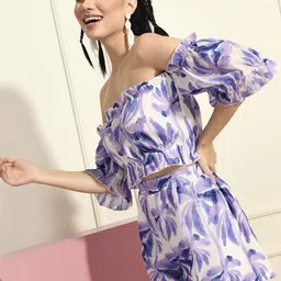 fuchsia PRETTY LOVING THING Abstract Printed Off-Shoulder Neck Casual Crop Top With Shorts image 3