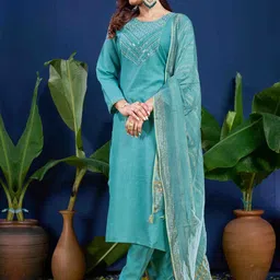 ARADHNA Women Embroidered Regular Sequinned Kurta with Trousers & With Dupatta image 3