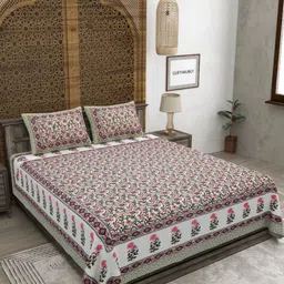 CLOTHOLOGY Green & White Floral 180 TC King Bedsheet with 2 Pillow Covers-picture-12