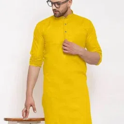 click n buy Men Solid Straight Kurta (Yellow)-picture-17