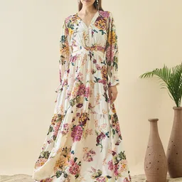 ZUMMER Women Floral Printed Puff Sleeve Cut-Outs Maxi Dress-picture-31