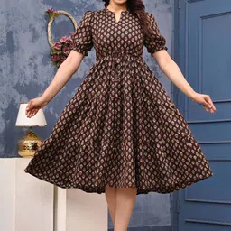 LABEL ADRIJA Women Coffee Brown Printed Organic Cotton Fit and Flare Dresses-picture-42