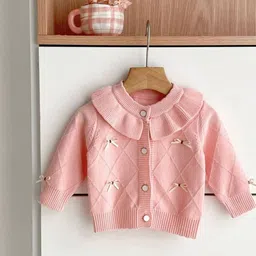 LULU & SKY Girls Argyle Self Design Peter Pan Collar Cardigan with Embellished Detail-picture-58
