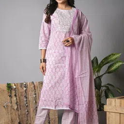EKISHA Floral Printed Sequinned Round Neck Pure Cotton Kurta with Trouser & Dupatta-image-23