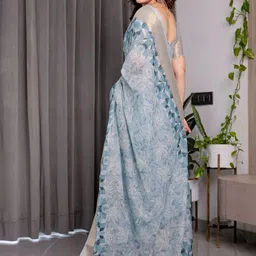 ALMAARI FASHION Geometric Printed Pure Cotton Jamdani Saree With Blouse Piece image 4