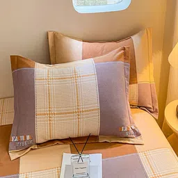 JC HOME Mustard & Grey Checked 220 TC Pure Cotton Single Bedsheet with 1 Pillow Cover image 5