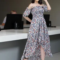 OOMPH! FACTOR Floral Print Puff Sleeve Crepe A-Line Dress image 3