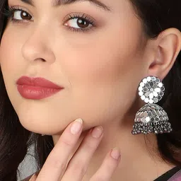 Sangria Silver-Plated Artificial Stones Studded Dome Shaped Oxidised Jhumkas image 2