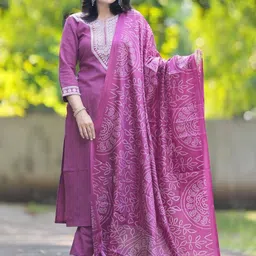 KALINI Floral Embroidered Notch-Neck Straight Pure Silk Kurta With Trousers And Dupatta-image-0