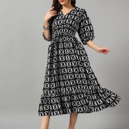 Raiyani Enterprise Women Printed Puff Sleeve Fit & Flare Dress-picture-17