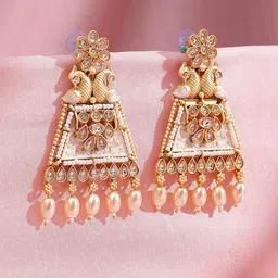 ADIVA 22K Gold-Plated Kundan Studded & Beaded Meenakari Peacock Shaped Drop Earrings image 5