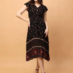 RANGRIWAZ Women Geometric Printed V-Neck Midi Fit & Flare Dress-picture-18