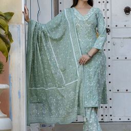 anouk rustic Anouk Women Floral Printed Regular Aari Work Pure Cotton Kurta with Trousers & With Dupatta-picture-23