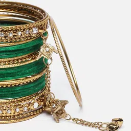 ZENEME Set Of 56 Gold-plated Matte Finish Velvet AD Studded Gold Pearl Tasselled Bangles image 4