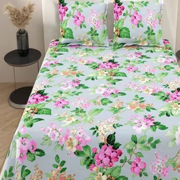 INDRA'S Blue & Green Floral 144 TC Bedsheet with 2 Pillow Covers image 4