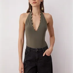 Trendyol Koyu Haki Women V-Neck Bodysuit-picture-28