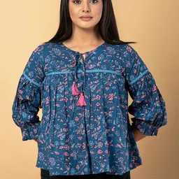 CORSICA Floral Print Tie-Up Neck Puff Sleeve Cotton Cinched Waist Top-image-92