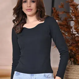 SFOTY Women Black Ribbed Sweetheart Neck Regular Top-picture-37