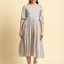 Shree Striped Puff Sleeve Liva Fit & Flare Dress-picture-28