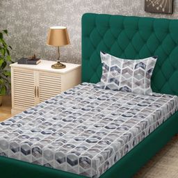 HOSTA HOMES White & Grey Geometric 300 TC Single Bedsheet with 1 Pillow Covers-picture-24