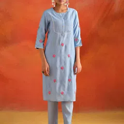 Jaipur Kurti Floral Embroidered Thread Work Straight Kurta With Trousers-picture-36