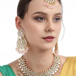 ORANGENYSHA 22K Gold-Plated Kundan & Pearl Beaded Jewellery Set With Mangtikka image 3