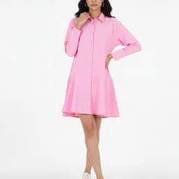 glitchez Shirt Collar Cuffed Sleeves Pure Cotton A-Line Dress-picture-14