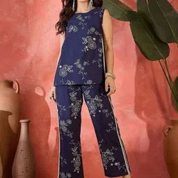 Sangria Floral Printed Pure Cotton Sleeveless Top with Trousers Co-Ords-picture-33