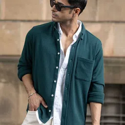 Powerlook Men Pine Textured Knit Spread Collar Long Sleeves Casual Shirt-picture-37